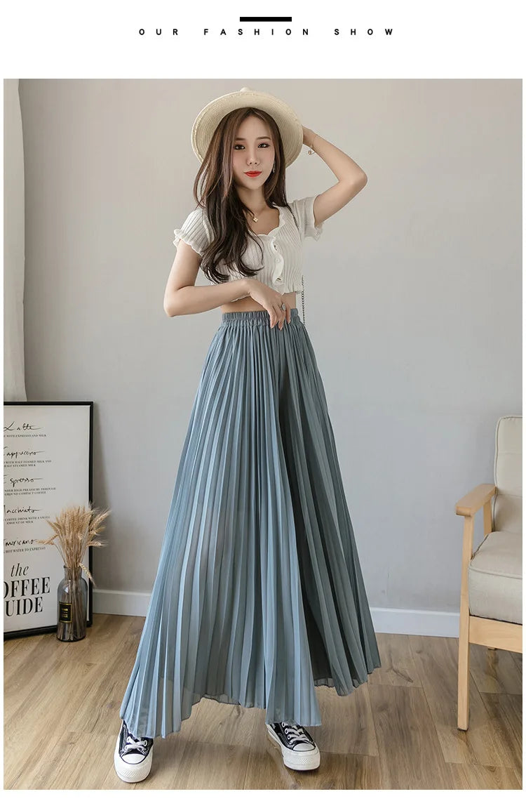 Women Elegant Chiffon High Waist Wide Leg Pants Casual Korean Fashion Pleated Loose Trousers Clothes Comodi Pantalones De Mujer