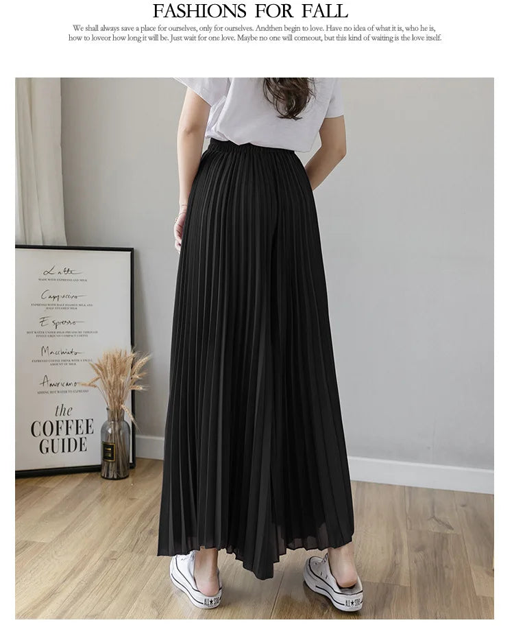 Women Elegant Chiffon High Waist Wide Leg Pants Casual Korean Fashion Pleated Loose Trousers Clothes Comodi Pantalones De Mujer