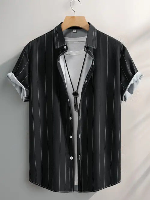 Summer Men's Fashion Trend Stripes Short Sleeve Stand Collar Shirt
