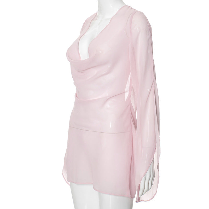 Gtpdpllt Perspective Women's Dress Summer Long Sleeve Swinging Collar Chiffon Backless Sexy Party Dresses Clubwear Outfits