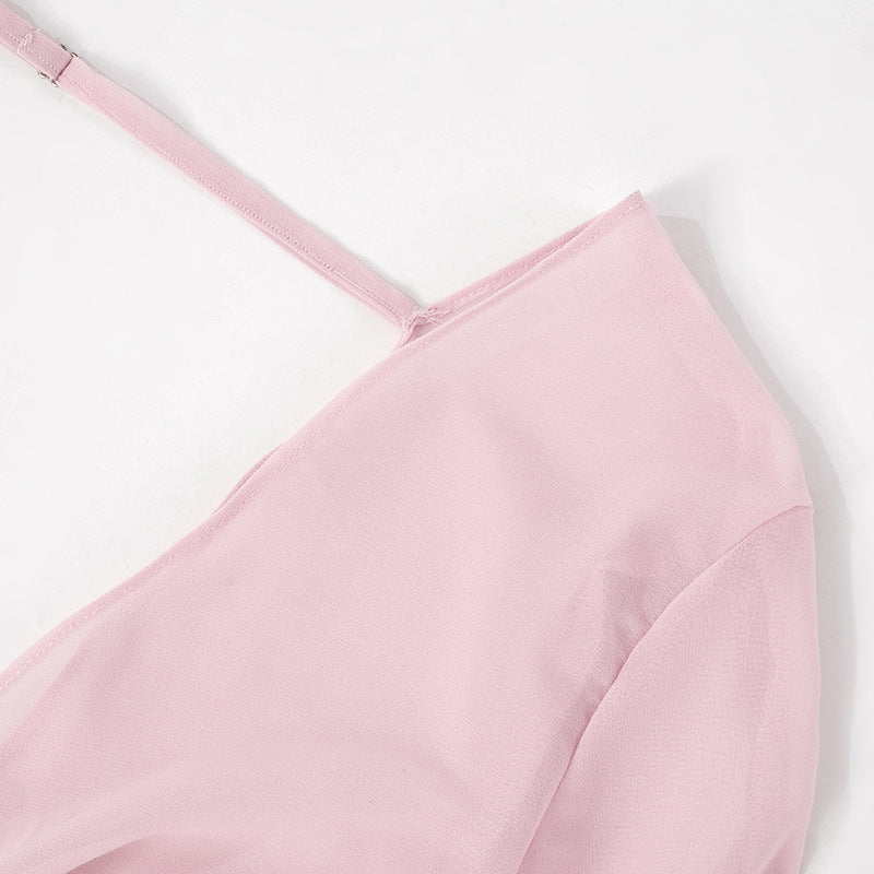 Gtpdpllt Perspective Women's Dress Summer Long Sleeve Swinging Collar Chiffon Backless Sexy Party Dresses Clubwear Outfits