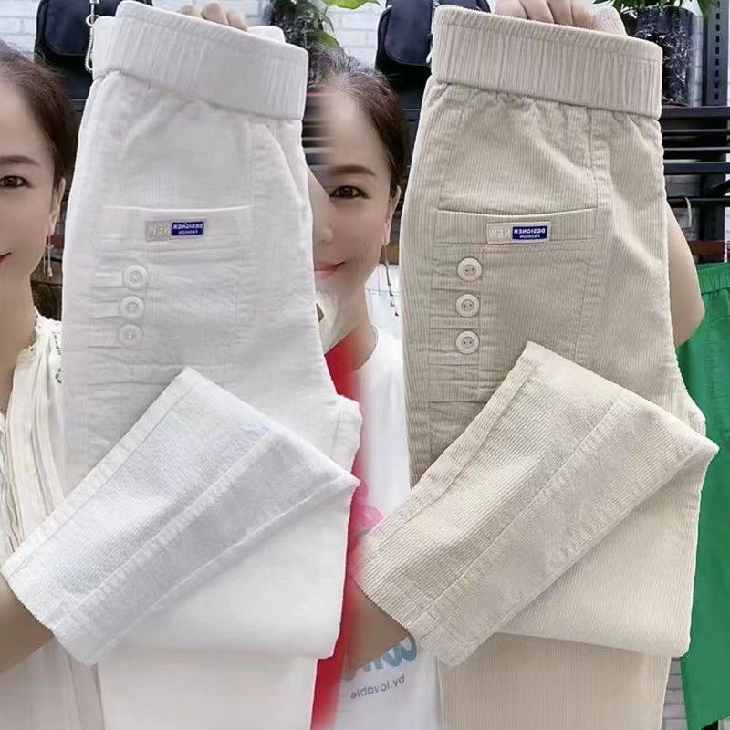 Elegant Women Streetwear Korean Fashion Casual Pant Solid Corduroy Harlan Button Pockets Pants New Autumn Winter Pants