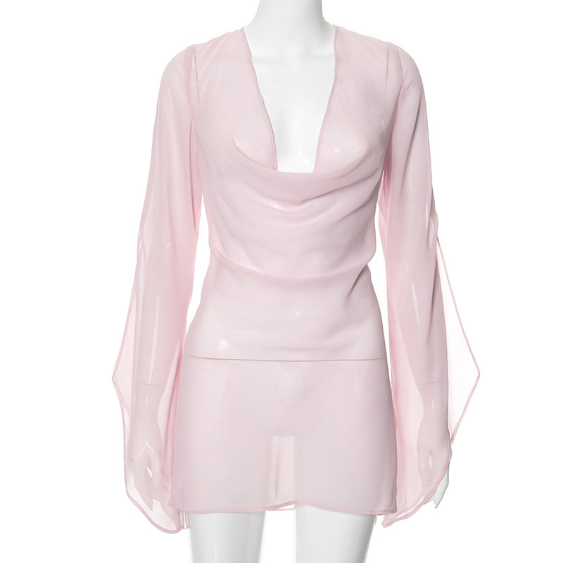 Gtpdpllt Perspective Women's Dress Summer Long Sleeve Swinging Collar Chiffon Backless Sexy Party Dresses Clubwear Outfits