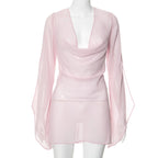 Gtpdpllt Perspective Women's Dress Summer Long Sleeve Swinging Collar Chiffon Backless Sexy Party Dresses Clubwear Outfits