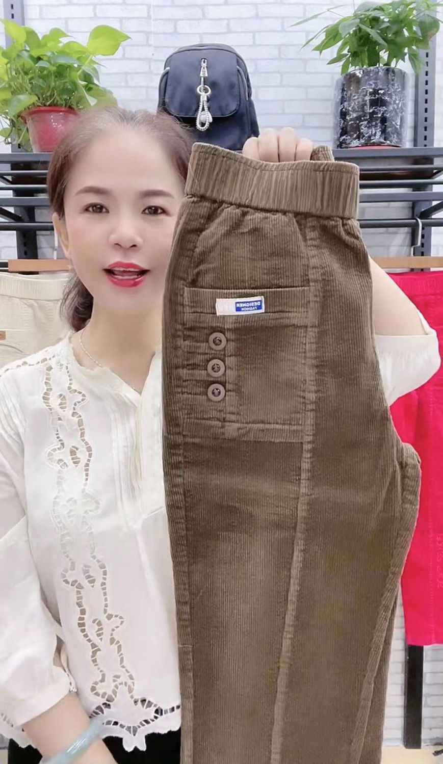 Elegant Women Streetwear Korean Fashion Casual Pant Solid Corduroy Harlan Button Pockets Pants New Autumn Winter Pants