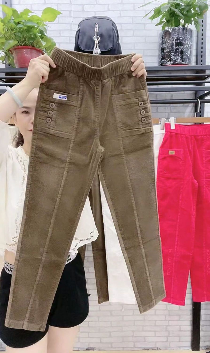 Elegant Women Streetwear Korean Fashion Casual Pant Solid Corduroy Harlan Button Pockets Pants New Autumn Winter Pants