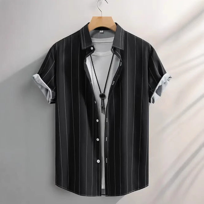 Summer Men's Fashion Trend Stripes Short Sleeve Stand Collar Shirt