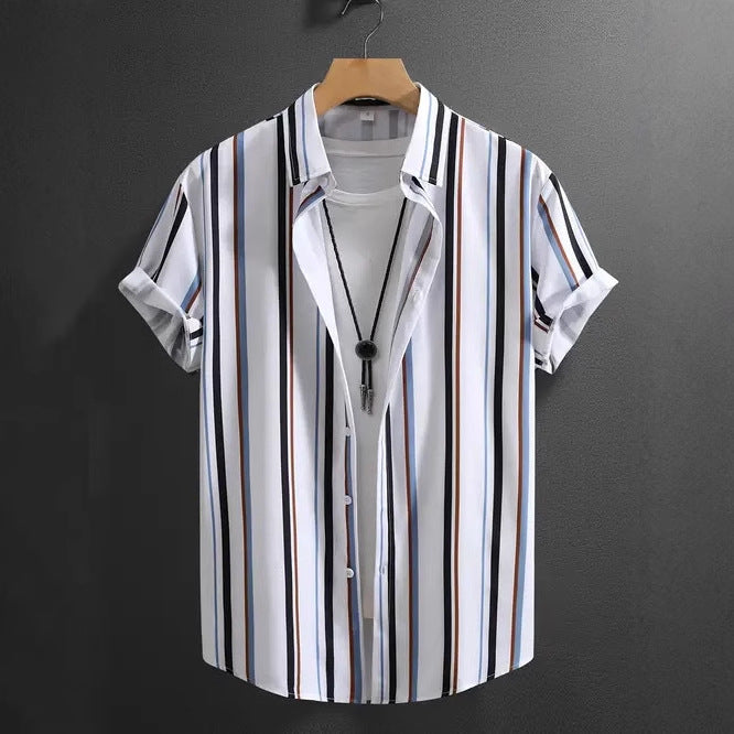 Summer Men's Fashion Trend Stripes Short Sleeve Stand Collar Shirt