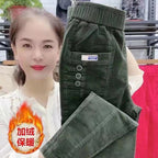 Elegant Women Streetwear Korean Fashion Casual Pant Solid Corduroy Harlan Button Pockets Pants New Autumn Winter Pants