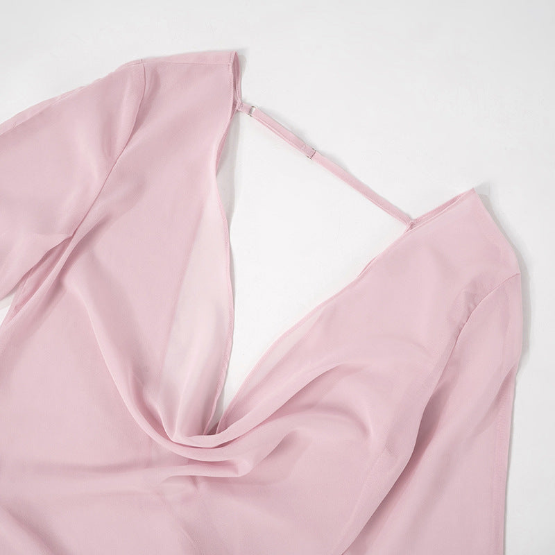 Gtpdpllt Perspective Women's Dress Summer Long Sleeve Swinging Collar Chiffon Backless Sexy Party Dresses Clubwear Outfits