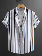 Summer Men's Fashion Trend Stripes Short Sleeve Stand Collar Shirt