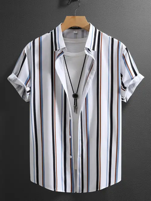 Summer Men's Fashion Trend Stripes Short Sleeve Stand Collar Shirt