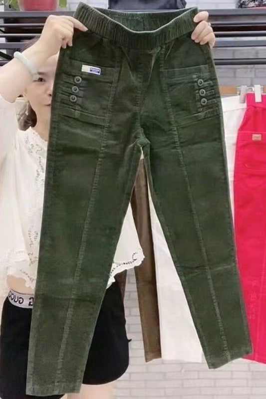 Elegant Women Streetwear Korean Fashion Casual Pant Solid Corduroy Harlan Button Pockets Pants New Autumn Winter Pants