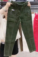 Elegant Women Streetwear Korean Fashion Casual Pant Solid Corduroy Harlan Button Pockets Pants New Autumn Winter Pants