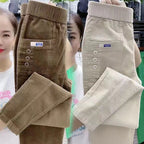 Elegant Women Streetwear Korean Fashion Casual Pant Solid Corduroy Harlan Button Pockets Pants New Autumn Winter Pants