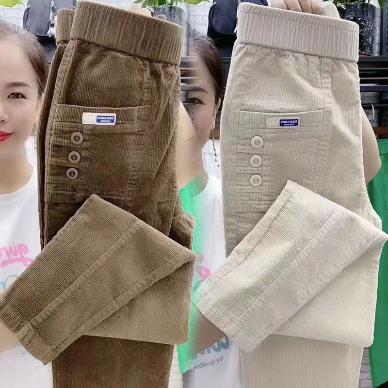 Elegant Women Streetwear Korean Fashion Casual Pant Solid Corduroy Harlan Button Pockets Pants New Autumn Winter Pants