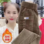Elegant Women Streetwear Korean Fashion Casual Pant Solid Corduroy Harlan Button Pockets Pants New Autumn Winter Pants