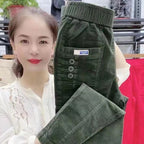 Elegant Women Streetwear Korean Fashion Casual Pant Solid Corduroy Harlan Button Pockets Pants New Autumn Winter Pants