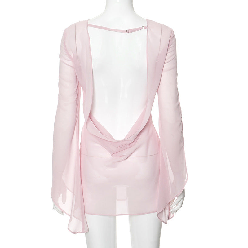 Gtpdpllt Perspective Women's Dress Summer Long Sleeve Swinging Collar Chiffon Backless Sexy Party Dresses Clubwear Outfits