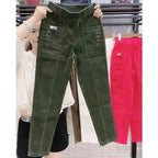 Elegant Women Streetwear Korean Fashion Casual Pant Solid Corduroy Harlan Button Pockets Pants New Autumn Winter Pants