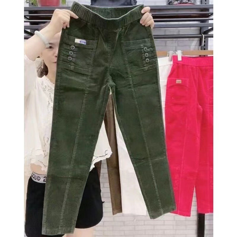 Elegant Women Streetwear Korean Fashion Casual Pant Solid Corduroy Harlan Button Pockets Pants New Autumn Winter Pants