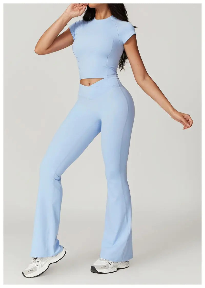 Two Piece Short Sleeve Sport Yoga Set Outfit Fitness Gym Set Workout Clothes for Women Flare Leggings Sportwear Women Tracksuit