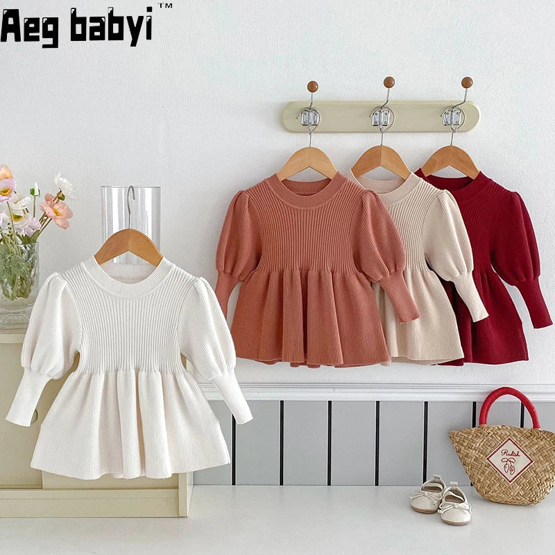 Baby Girls Knit Dress Autumn Winter Princess Dress Knitted Sweater Outfits Long Sleeve Red Christmas Party Dress Kids Clothes