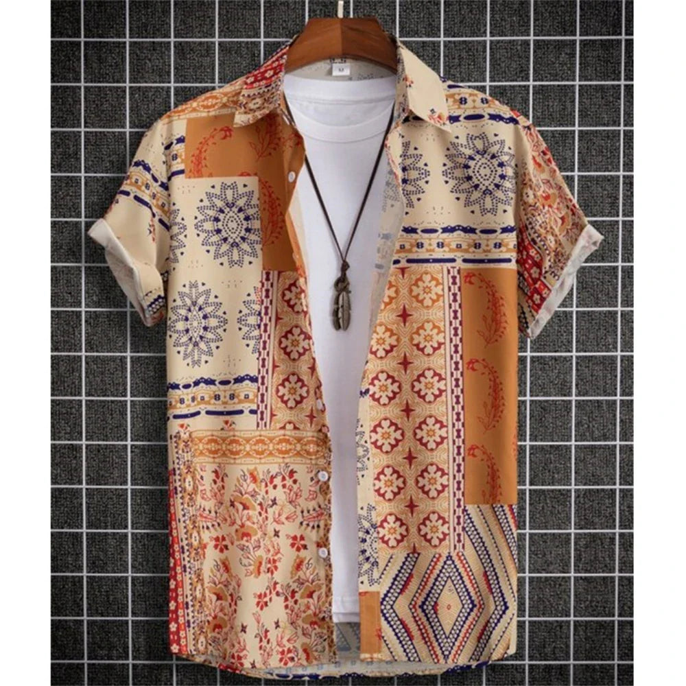 Hawaiian Shirt For Men Cashew Flower Print Short Sleeve Top Beach Holiday Casual Men Clothing Vintage Loose Oversize Men'S Shirt