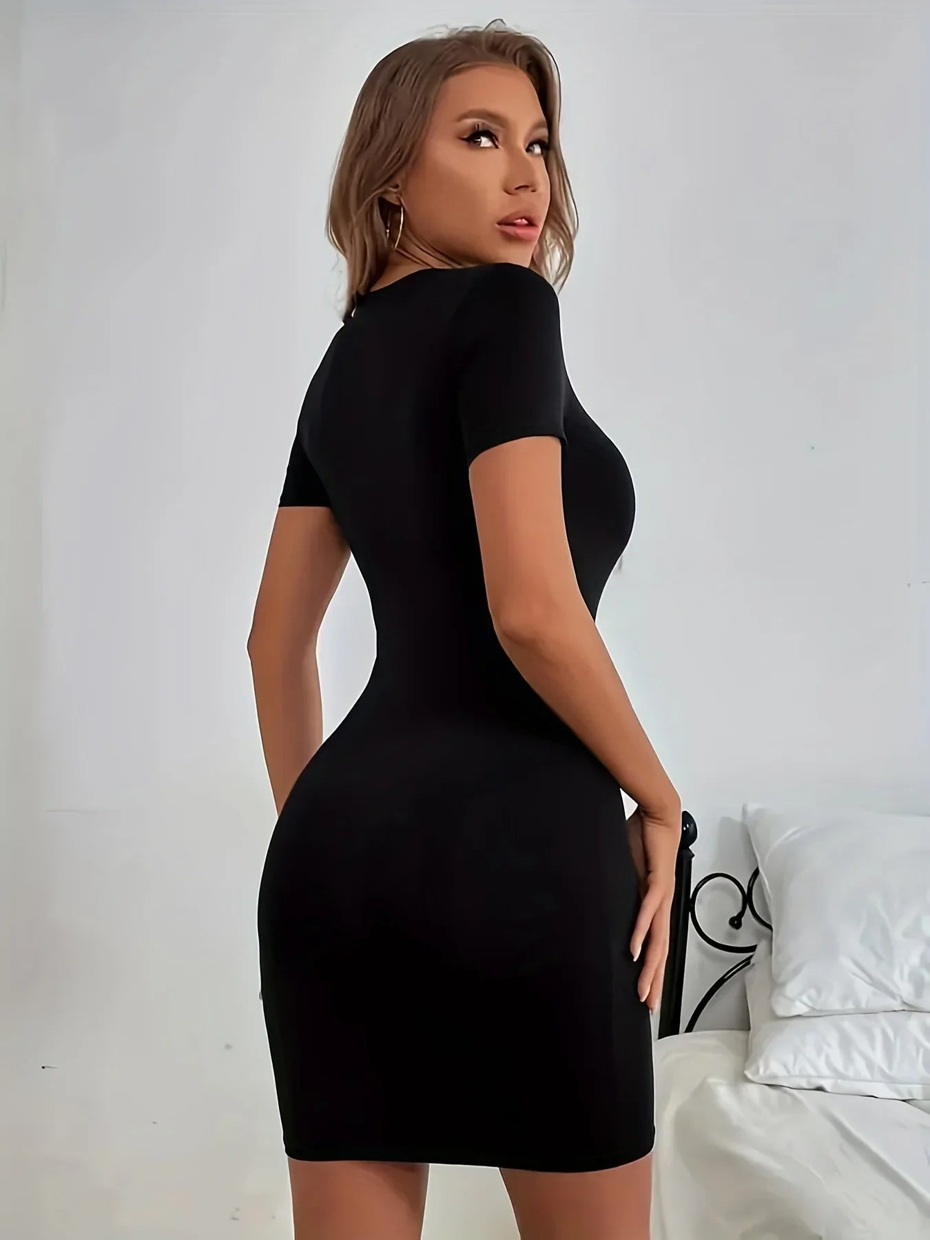 Summer women's PARIS letter print casual slim fit short sleeved round neck short mini dress Lady Short Sleeve Round Neck Slight