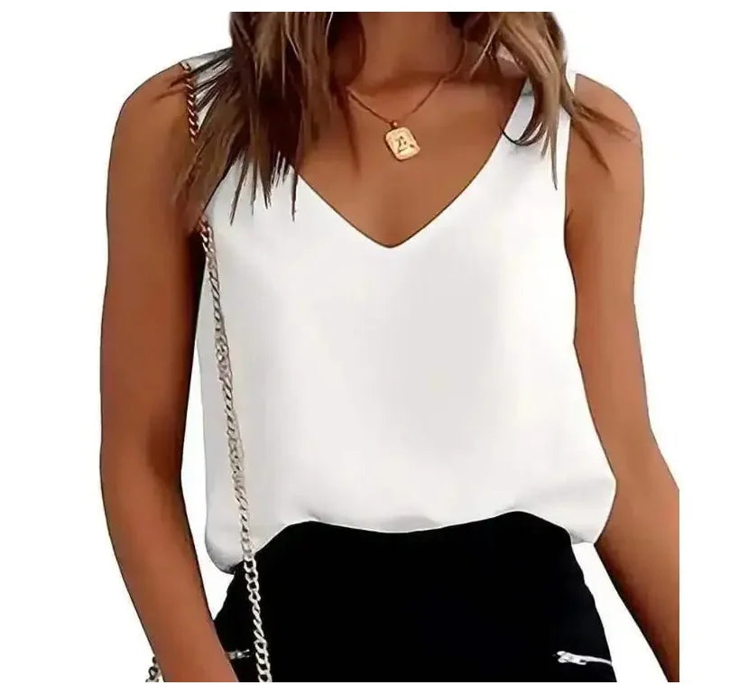 Summer Women Tank Top Tees Sleeveless Silk V Neck Shirts For Women Fashion Loose Tshirts Casual Shirt Pullover
