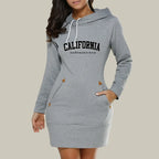 California Womens Dress Neck Side Zipper Fashion Print Long Sleeve Hooded Sports Skirt Hot Sales Casual Knee-Length Dress S-3XL