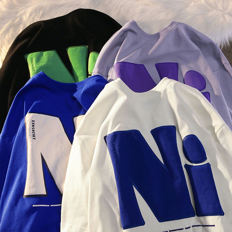 Lovers Short-sleeved Cotton Printed Pattern Casual Loose T-shirt All-match High Street Vintage Half-sleeved Top O Neck Pullover