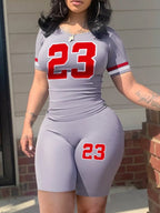 LW Plus Size Number 23 Print Pocket Design Pants Set Pullover Short Sleeve O Neck Top&Sheath Elastic Waist Trousers Fitness 2pc