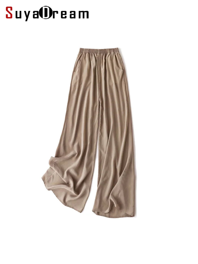 SuyaDream Women Wide Leg Pants 100%Real Silk Solid Elastic Waisted Ankle-length 2024 Office Spring Autumn Chic Trousers Black