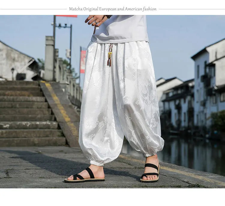 FGKKS 2023 Outdoor Brand Pants For Men Lce Silk Dragon Dark Flower Loose Bloomers High Quality Wide Leg Casual Trousers Male