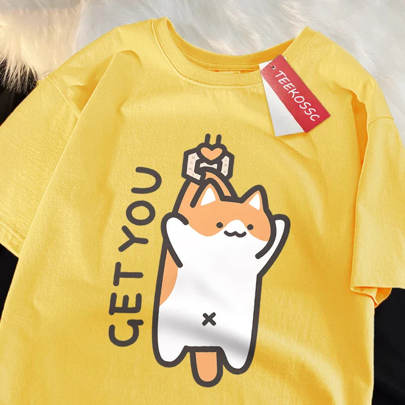 Catching Baby Fun Cat Print Japanese Style Clothes Men Fashion Oversize T-Shirt Casual O-neck Tops Summer Cotton Loose T Shirt