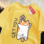 Catching Baby Fun Cat Print Japanese Style Clothes Men Fashion Oversize T-Shirt Casual O-neck Tops Summer Cotton Loose T Shirt