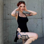Y2K summer new solid color backless hollow hanging neck sexy spicy girl tight fitting dress