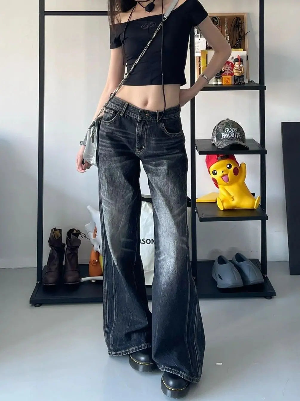 HOUZHOU Grunge Y2k Black Jeans Women Baggy Vintage High Street Oversized Denim Trousers Gothic Gyaru 2000s Acubi Fashion Jeans