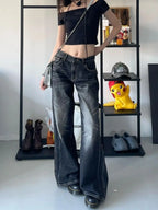 HOUZHOU Grunge Y2k Black Jeans Women Baggy Vintage High Street Oversized Denim Trousers Gothic Gyaru 2000s Acubi Fashion Jeans