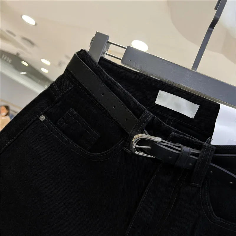 High-waisted Loose-fit Women's Jeans Slimming Style Casual A- line Trousers Ruffled Edges Lightweight Heat Pants