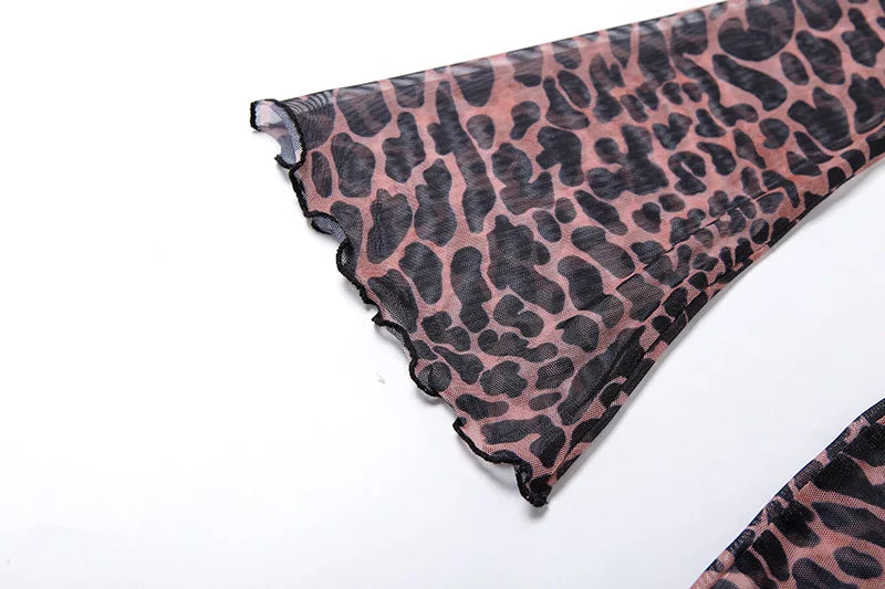 Combhasaki Women's Summer Mesh Leopard See-throug Tie-up Backless Mini Dress Flare Long Sleeve Beach Vacation Cover-ups Sundress