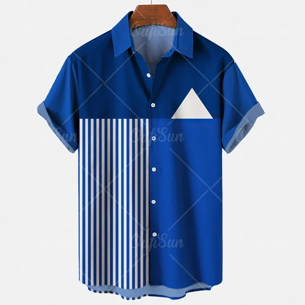 Fashion Men's Striped Casual One Button Shirts Streetwear Short Sleeve Loose Top 3D Digital Printed Blouse Plus Size 5XL