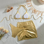 Gold Micro Thong String 3 Piece Bikini Set Damen Halter Swimwear Skirts Cover Ups Sexy Swimsuit Women 2025 Bathing Suit Bikinis