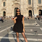 Elegant 2025 New Mini Dresses Fashion Women Black Solid Basic Pocket O-Neck Slim Fit Bodycon Casual High Waist Zipper Vestidos