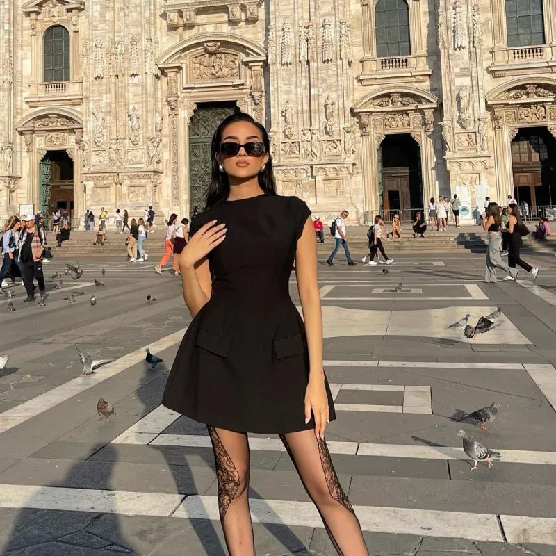 Elegant 2025 New Mini Dresses Fashion Women Black Solid Basic Pocket O-Neck Slim Fit Bodycon Casual High Waist Zipper Vestidos