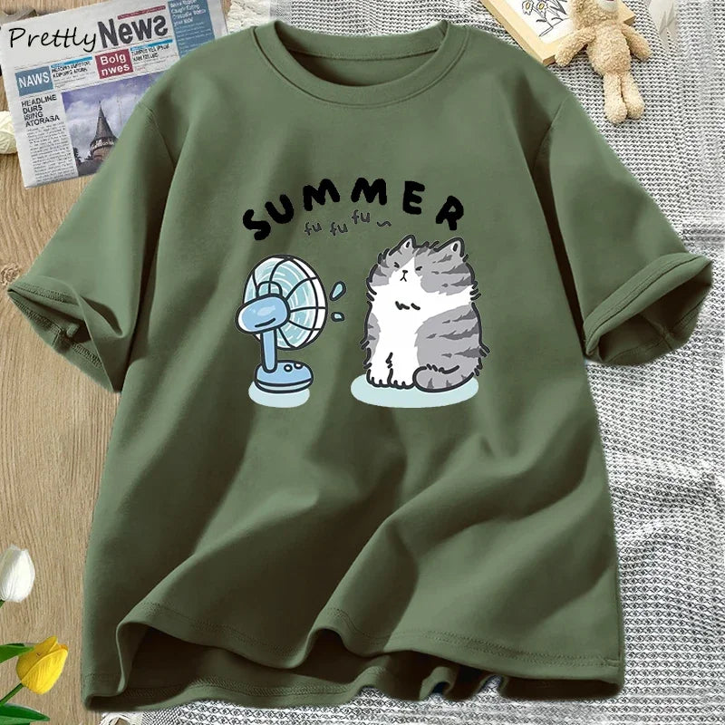 Summer Funny Cat and Fan Graphic T Shirts Women Men Cotton Short Sleeve T Shirt Harajuku Women's Clothing Female Streetwear Tops