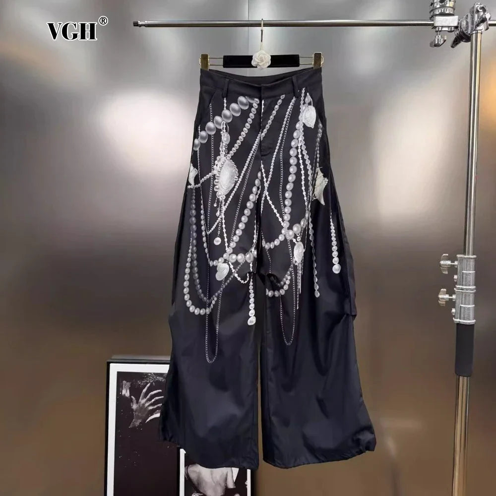 VGH Hit Color Pearl Printed Wide Leg Pant for Women High Waist Spliced Pockets American Streetwear Floor Length Trousers Female
