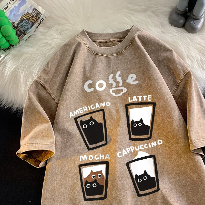 American Retro Trendy Cat Cotton T-shirt Men Women Summer Loose Couple Short Sleeve Tops Harajuku Y2k Vintage Water Washing Tee
