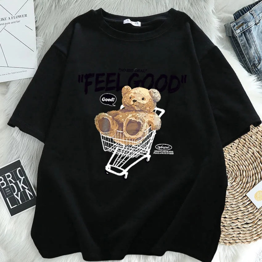 Cartoon Bear Short Sleeve T-shirt Women Loose Top Fashion Korean Style Tee